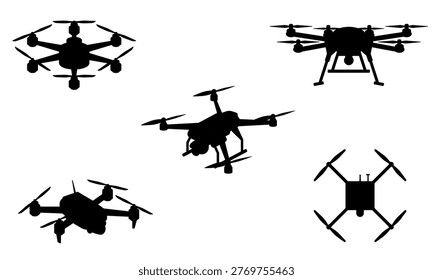 Silhouettes of various quadcopter drones and military UAV viewed from different angles used for surveillance and military applications. Transparent background