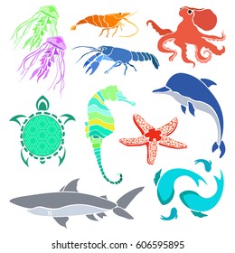 Silhouettes of various sea creatures. Shrimp, cancer, jellyfish, seahorse, fish and other creatures isolated on white background. Vector illustration.