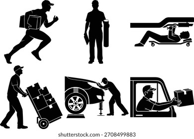 Silhouettes of various service workers: delivery, mechanic, and tradesman roles. isolated on white background, Vector