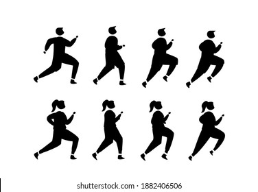 silhouettes of various styles of running men and women
