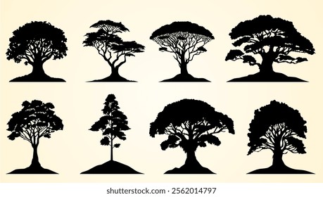 Silhouettes of various tree designs showcasing different shapes, branches, and artistic styles.