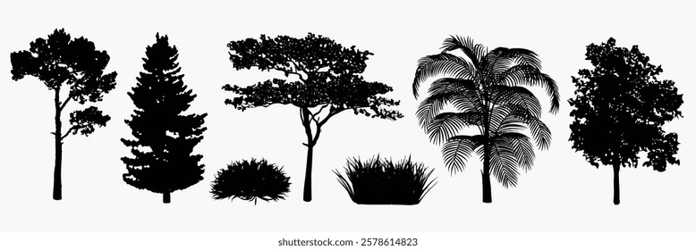 Silhouettes of various tree shapes in green on a light background. Different tree forms, showcasing diverse foliage and trunk styles in silhouette. Nature illustrations, isolated element vector set.
