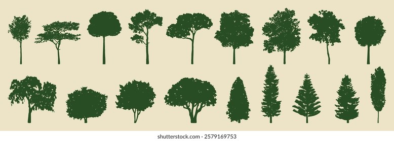 Silhouettes of various tree shapes. Tree silhouettes include deciduous and coniferous types. Tree shapes in green on a beige background. Silhouette forest elements, vector set.