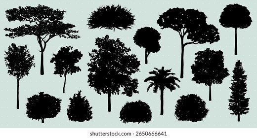 Silhouettes of various tree shapes, including palm and pine. Black tree silhouettes on a light background. Diverse tree silhouettes for design use. Botanical elements, vector set.