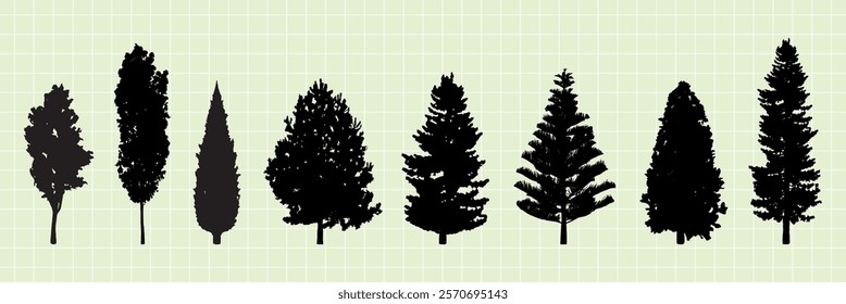 Silhouettes of various tree types, including pine and fir. Tree silhouettes on a grid background. Diverse tree shapes and sizes, showcasing tree variety. Silhouette forest elements, vector set.