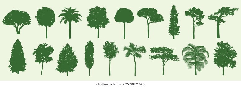 Silhouettes of various tree types, including palm, pine, and deciduous trees. Black tree silhouettes on a white background, showcasing diverse tree shapes. Nature illustrations, isolated vector set.