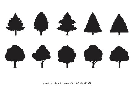 Silhouettes of various tree types, including palm, pine, and deciduous trees. Tree silhouettes in different shapes and sizes, showcasing diverse tree forms. Tree set silhouette isolated  