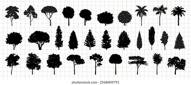 Silhouettes of various tree types on a grid background. Tree silhouettes include palm, pine, and deciduous. Diverse tree shapes and sizes in silhouette form. Silhouette forest elements, vector set.