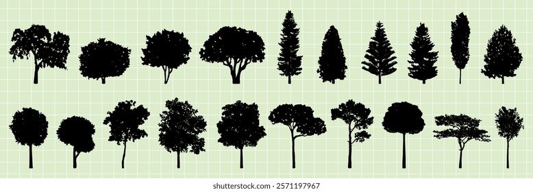 Silhouettes of various tree types on a grid background. Tree shapes include round, conical, and bushy forms. Tree silhouettes in a variety of styles. Silhouette forest elements, vector set.