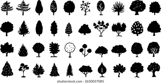 Silhouettes of various tree types and styles