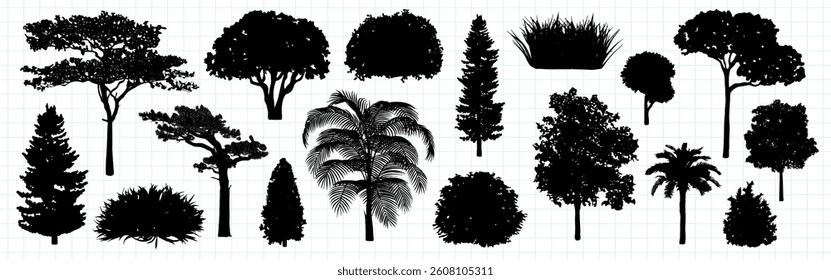 Silhouettes of various trees, including palm, pine, and deciduous types. Black tree silhouettes on a white background. Diverse tree shapes and sizes. Botanical elements, vector set.