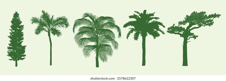 Silhouettes of various trees, including pine, palm, and bush. Tree silhouettes in brown. Diverse tree shapes and sizes. Nature and tree designs. Nature illustrations, isolated vector set.