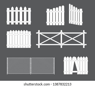 Silhouettes of various types of fence, gate of wood, metal. Vector Illustration. EPS10