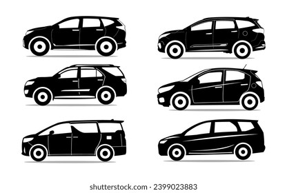 Silhouettes of various types of luxury family cars, vector illustrations of means of transportation, car icons