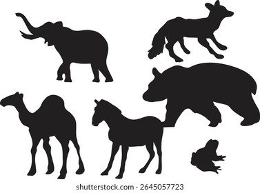 Silhouettes of various wild animals depict a fox, elephant, bear, camel, horse, and frog in dynamic poses.