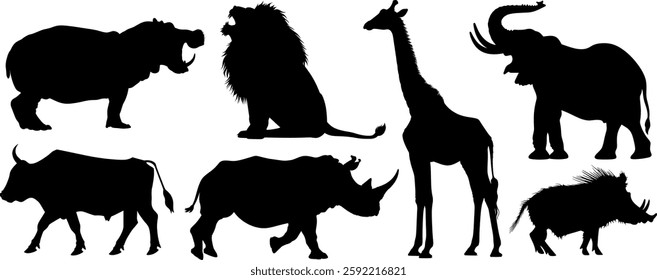 Silhouettes of various wild animals including a lion, giraffe, elephant, and more. Animal silhouettes create a wild, exotic, and adventurous theme. Element vector set.