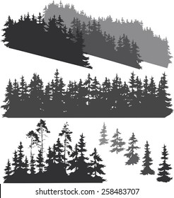 silhouettes of various woods and pine trees for your design, isolated objects