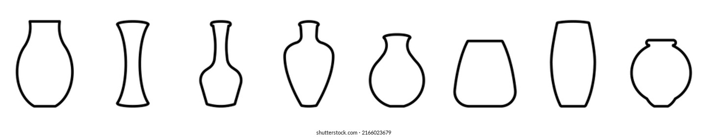 Silhouettes of the vases. Set of different vases. Vector illustration. Black linear icons of vase
