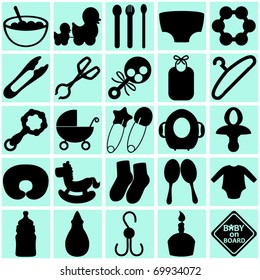 Silhouettes Vector of Accessories and tools for Mom mother and Baby. A set of cute icon collection on blue isolated on white background