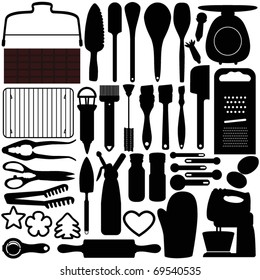 Silhouettes Vector of Baking equipment, cooking tools, spatula, cookie cutters. A set of cute icon collection isolated on white background