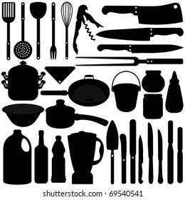 Silhouettes Vector of Baking equipment, cooking tools, spatula, knives, pots. A set of cute icon collection isolated on white background