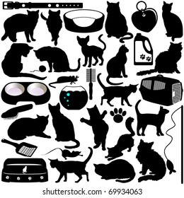 Silhouettes Vector of Cats, Kittens in different actions and pet accessories. A set of cute icon collection isolated on white background