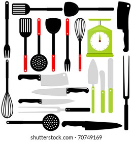 Silhouettes Vector of Cooking Utensils : knives, baking equipments. A set of cute icon collection isolated on white background