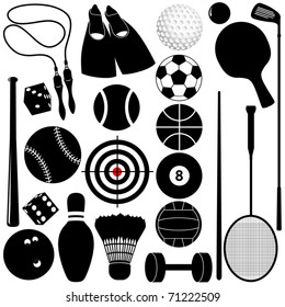 Silhouettes Vector of different Balls, exercise equipments isolated on white - golf ball, bowling, basketball, tennis, etc. A set of cute and colorful icon collection isolated on white background