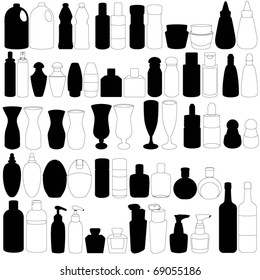 Silhouettes Vector of different bottles, perfume, glass, container in black and white. A set of cute icon collection isolated on white background