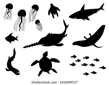 Silhouettes Vector of Fish, Sea life, Marine life, seafood. A set of cute icon collection isolated on white background.