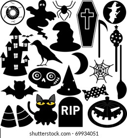 Silhouettes Vector of Halloween Festival Theme with ghost, pumpkin, coffin, haunted house. A set of cute icon collection isolated on white background