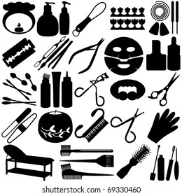 Silhouettes Vector Of Pedicure, Manicure, Beauty Tools, Spa Icons, Cosmetics. A Set Of Cute Icon Collection Isolated On White Background