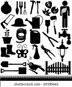 Silhouettes Vector of Shovels, Spades, Gardening tools, fence, grass. A set of cute icon collection isolated on white background