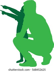 silhouettes Vector of side view of happy father and son looking away while child pointing away and standing isolated on white background, What is there?