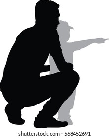 silhouettes Vector of side view of happy father and son looking away while child pointing away and standing isolated on white background, What is there?