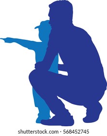 silhouettes Vector of side view of happy father and son looking away while child pointing away and standing isolated on white background, What is there?