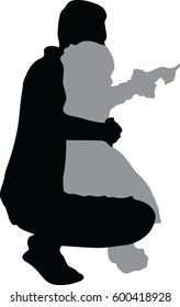 Silhouettes Vector of side view of happy father and daughter looking away while child pointing away and standing isolated on white background, What is there?