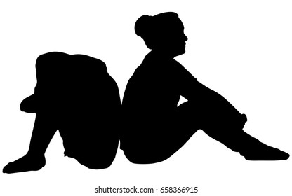 Silhouettes vector of two sad young women sitting on the floor, She sits and hugs her knees