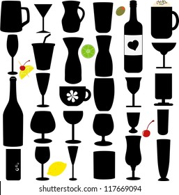 Silhouettes Vector of wine Bottle, carafe, coffee mug and cocktail Glass in black color with colorful lemon, lime, cherry, olive. A set of cute icon collection isolated on white background