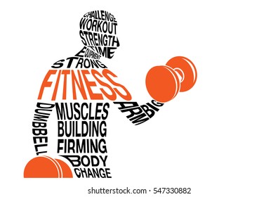 Silhouettes vectors of man fitness with lifting dumbbell in typographic style.