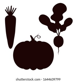 Silhouettes of vegetables in black. Carrots, pumpkins, radishes, beets. Illustration in the flat style