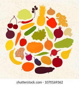 Silhouettes of vegetables and fruits form a circle. Vector illustration. Vintage. A set of graphic elements on the theme of harvesting.