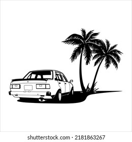 silhouettes of vehicles and coconut trees, good for design references