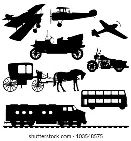 Silhouettes of vehicles. Silhouettes of transport: airplanes, antique car, double decker bus, motorcycle, carriage with a horse, a diesel train. Vector illustration.