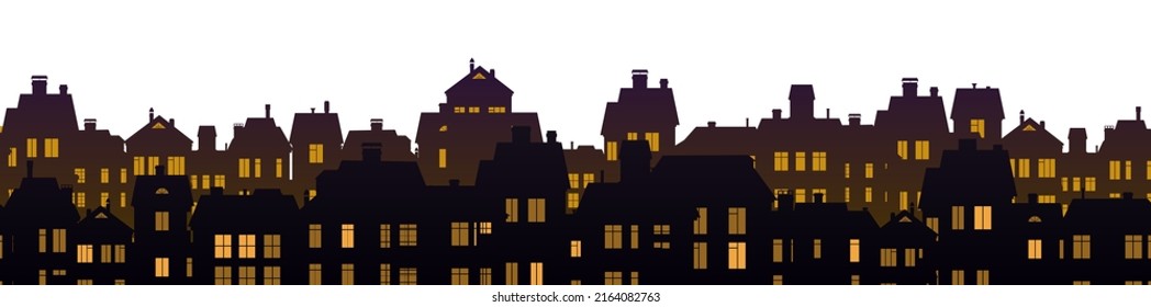 Silhouettes of village evening houses with luminous windows. Small city houses residential quarters. Cityscape with buildings. Isolated on white background. Housing Vector.