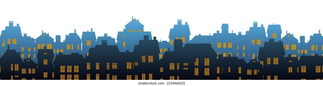 Silhouettes of village houses with luminous windows. Small city houses residential quarters. Cityscape with buildings. Isolated on white background. Housing Vector.