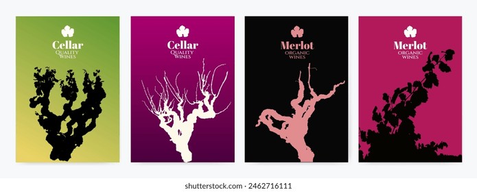 silhouettes of vineyard vines, with vine shoots and leaves. Label, cover or banner template. Vector illustration.