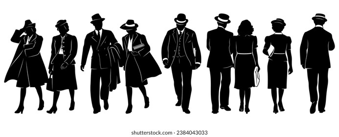 Silhouettes of Vintage Businessmen and Businesswomen. Walking on a Street. Men and women in casual closes of 20s, 30s years. All figures are separate.