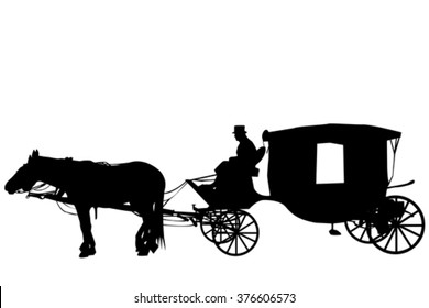 Silhouettes of a vintage carriage with coachman 