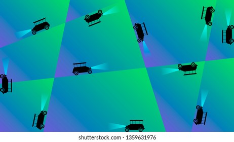 silhouettes of vintage cars with the included headlights against the blue-green polygons. abstract art. vector image